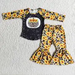 Factory Supply RTS NO MOQ Kids Girls Pumpkin Outfits Baby Fall Leopard Clothing S​unflower Toddler Bell Bottoms