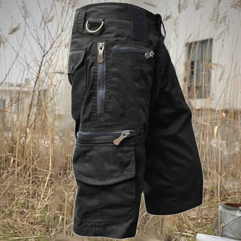 Men's workwear shorts, tactical jogging shorts, solid color multi zipper pockets, summer casual shoulder strap shorts men's pant