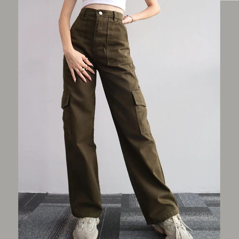 Vintage Straight new style baggy Trousers casual pants waist pocket wide leg pants autumn women's y2k high waist cargo pants