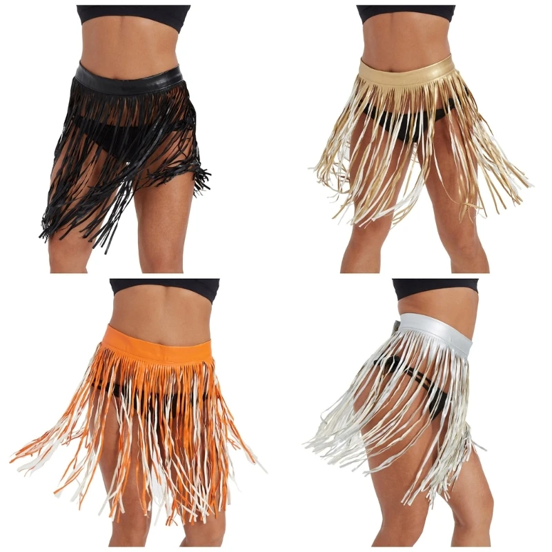 

Women Punk PU Faux Leather Belt Skirts Adjustable Snap Button Fringed Tassels High Waist Mini Skirt Rave Party Costume Clubwear