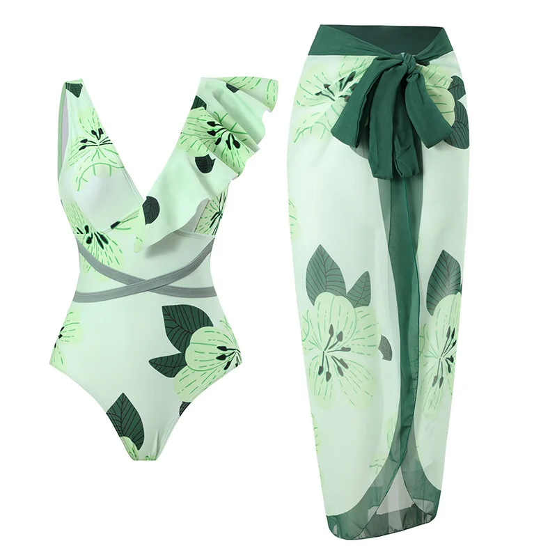 

2023 Luxury Fashion Floral Colorblock Print Two Pieces Swimsuit Set With Skirt Tight Women's Bandage Green Summer Beach Wear
