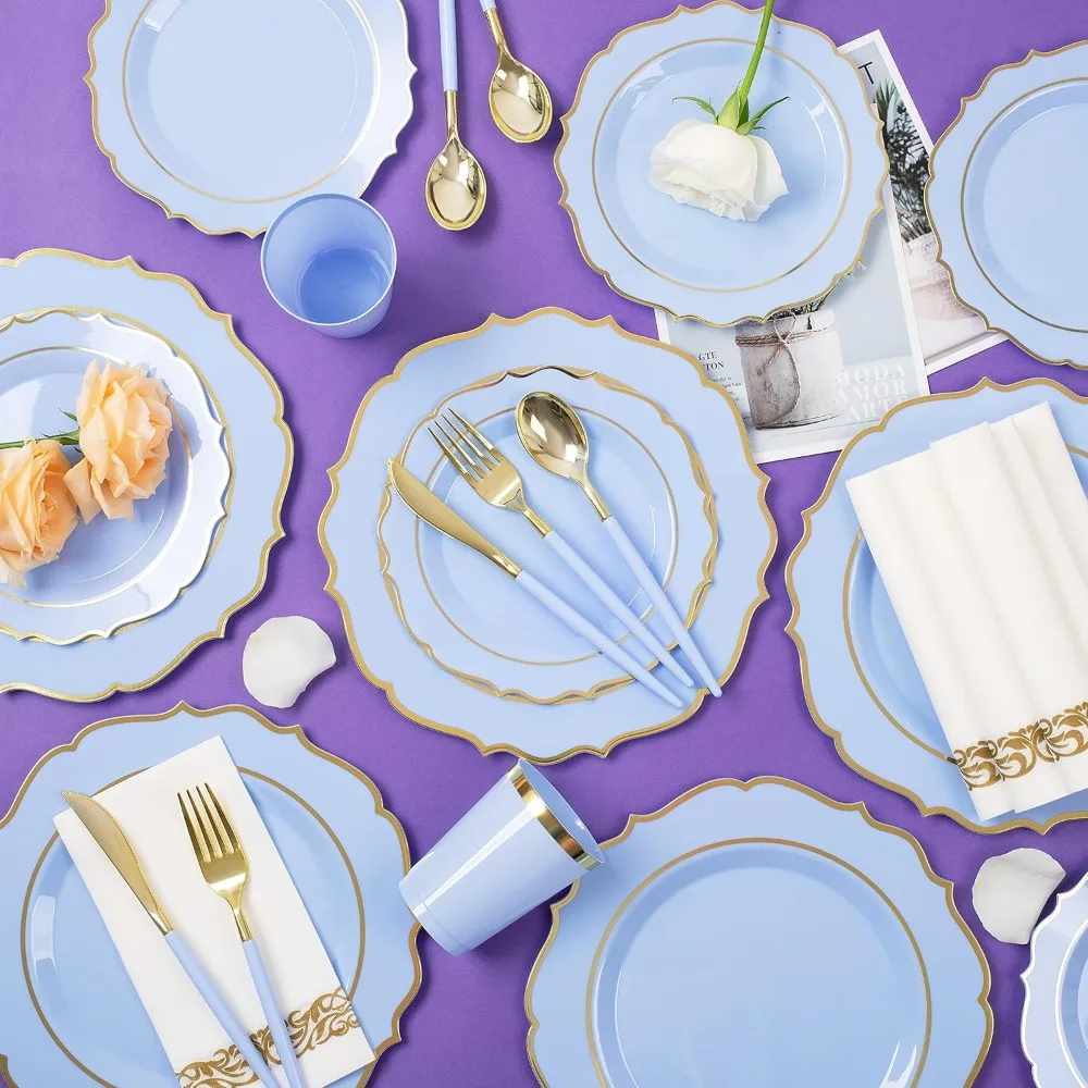 Disposable Plates &ndash; Wine Red Plastic Plates, Includes Dinner Plates, Dessert Cups, Plastic Silverware, & Napkins