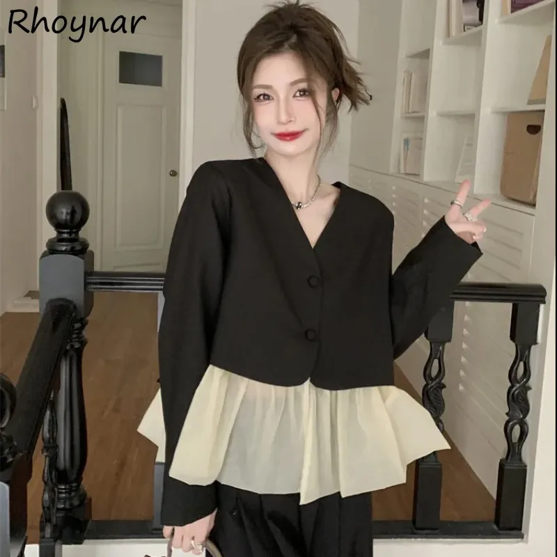 

V-neck Blazers Women Spliced Pleated Korean-style Loose Trendy Design Elegant Office Ladies Autumn All-match Mori Girl Leisure