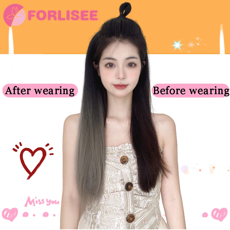 FORLISEE 여성용 합성 가발, 긴 스트레이트 헤어, 자연스러운 그라데이션 헤어 익스텐션, 볼륨 증가, 쓰리피스