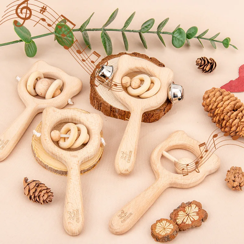 

Baby beech handbell wooden rattle toy parent-child interaction comfort grasp puzzle shape toy