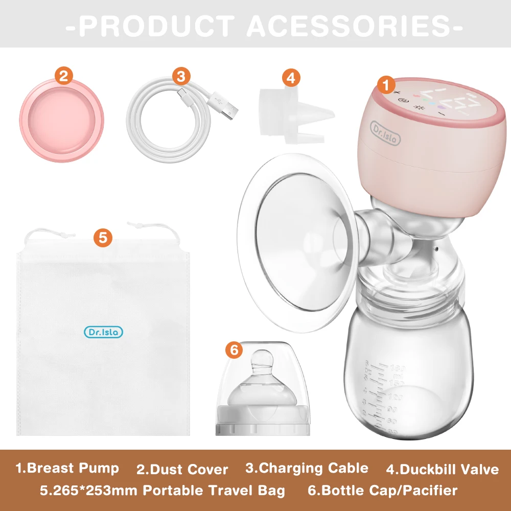 Dr.isla Portable Electric Breast Pump with Night light Milk Puller for Breastfeeding Low Noise with 180ml Milk Bottle BPA-Free electric breast pump