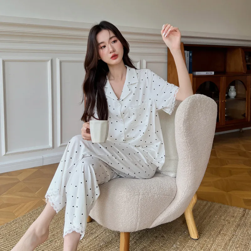 

New Style Pajamas Women's Summer Cotton Thin Short-sleeved Trousers Polo Dot High-end Home Clothes Two-piece Set