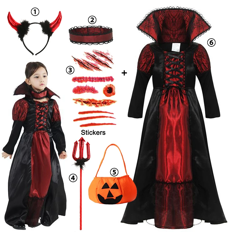 thumbnail image 1 of Vestido de vampiro para niñas, disfraz de novia fantasma gótica, disfraz de vampiro, diablo y murciélago para Halloween, ropa de carnaval vampírica, 1 of 5