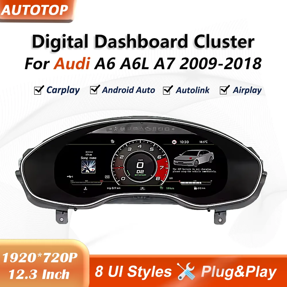 Panel de instrumentos digital Linux de 12.3 pulgadas para Audi A6 A7 2009-2018, velocímetro, cabina virtual, CarPlay, Android Auto. 1