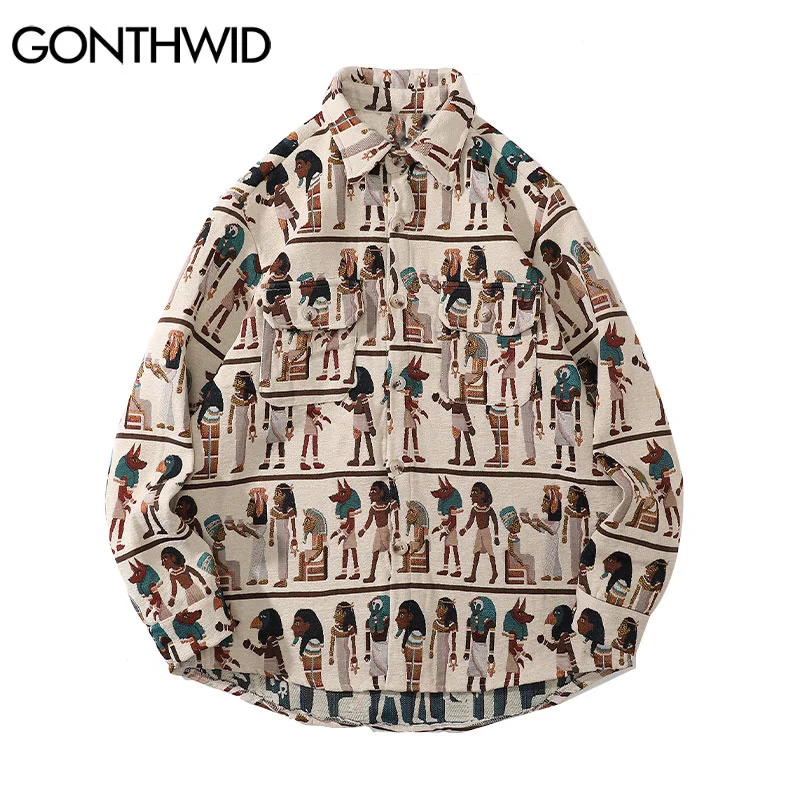 

Harajuku Streetwear Shirts Coats Vintage Egyptian Stripe Shirt Jackets Hip Hop Fashion Blouse Loose Casual Button Top
