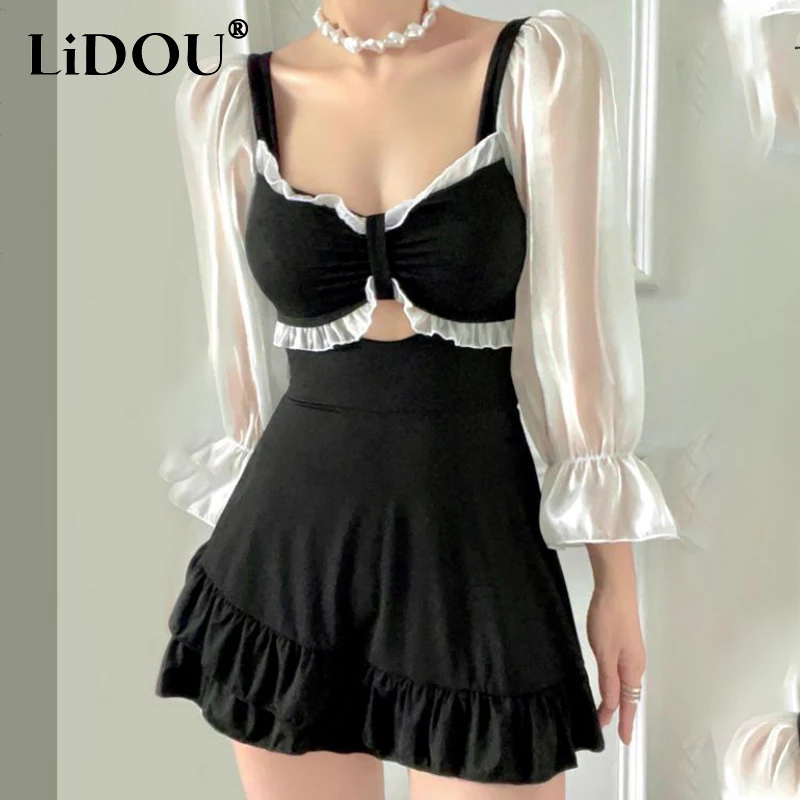 2023 Korean Fashion Summer Swimsuits Women Solid Color Neat Chic Casual Elegant Aesthetic Bikinis Set Patchwork Female Clothes
