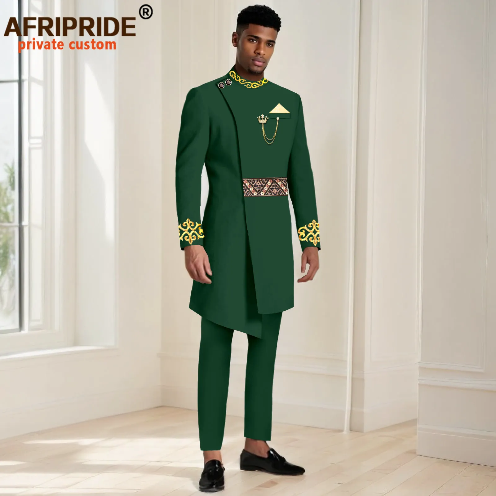 

African Suits for Men Slim Fit Two Buttons Embroidery Long Blazer and Pants 2 Piece Set Dashiki Outfits with Brooch 2416046