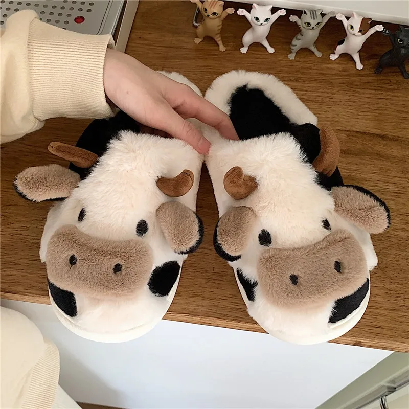 Animal Slipper For Women Cute Cartoon Milk Cow Indoor Slippers Fluffy Winter Warm Slippers Woman Funny Shoes