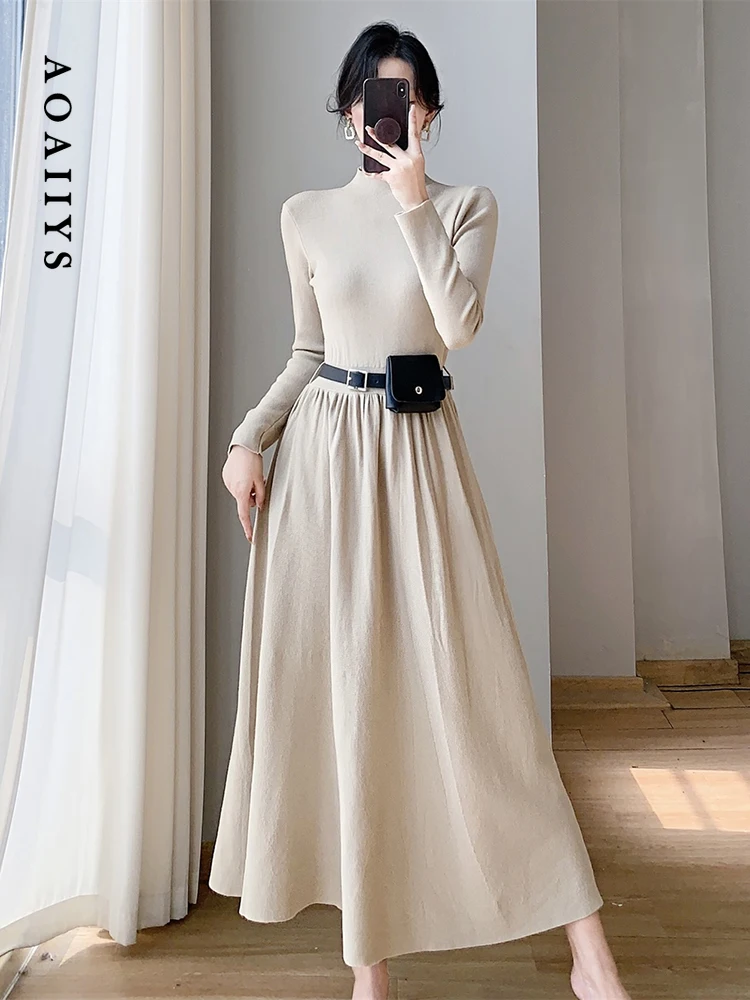 

Aoaiiys Long Knitted Dress for Women Half High Collar with Belt Long Sleeve Stretch Dress Korean Fashion Solid Comfortable Dress