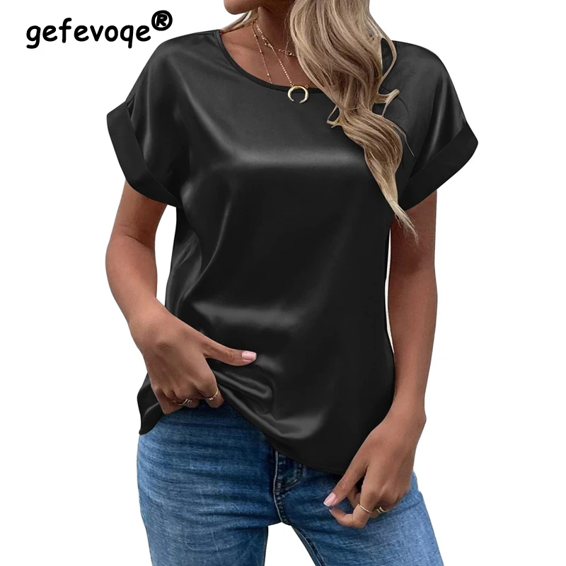 

2023 Summer Elegant Fashion Satin Round Neck Short Sleeve Shirts Female Simple Casual Solid Loose Tops Blouses for Women Clothes
