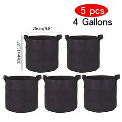 Set of 5 Durable Fabric Grow Bags for Flowers, Vegetables, and Herbs (4Gallons  25x30cm)