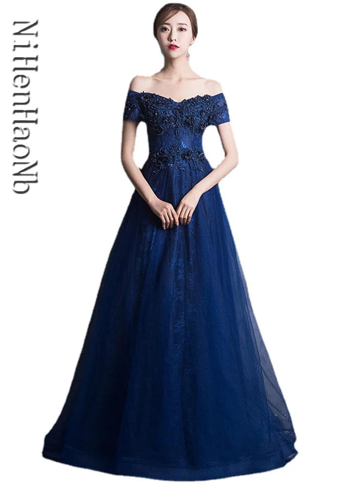 

Bridesmaid Dresses Navy Blue Off Shoulder floor Length Party Gowns