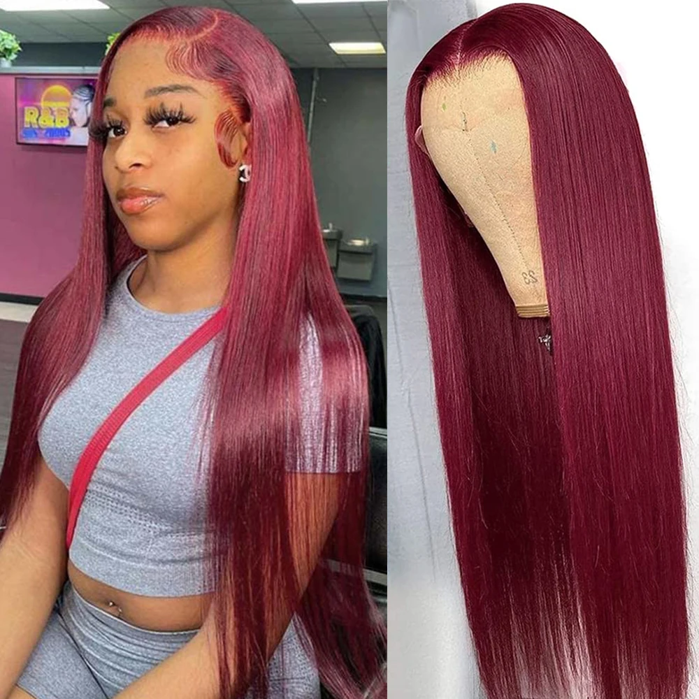

99j Burgundy Lace Front Human Hair Wig Bone Straight Lace Frontal Wigs 38 Inch 13x6 Hd Transparent Lace Brazilan Wig For Woman