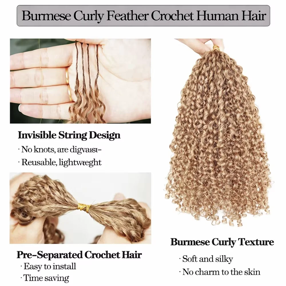 Honey Blonde Burmese Curly Crochet Human Hair Color #27 Deep Wave Pre-Separated Feather Crochet Hair Extensions Braids For Women 2