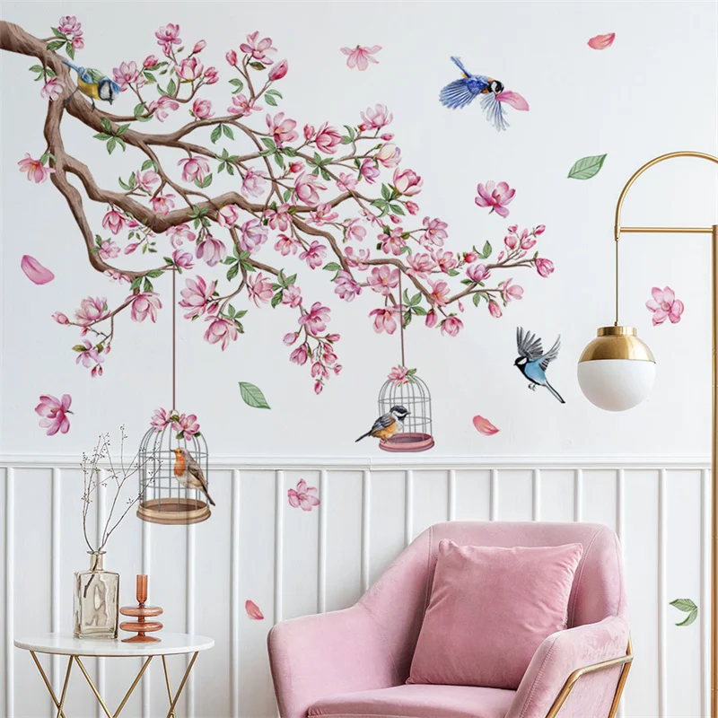 Cherry Blossom Wall Sticker Home Decor Living Room Spring Girls Bedroom Bird Flower Decal Pink Children's Room Wallpaper Muraux