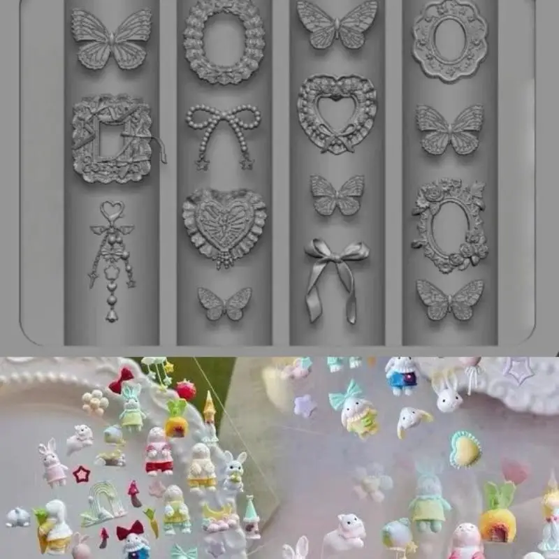 1개 네일아트 실리콘 몰드, 활, 하트, 나비, 토끼 3D 몰드, 네일아트 장식, DIY 디자인에 적합한 실리콘 네일 몰드