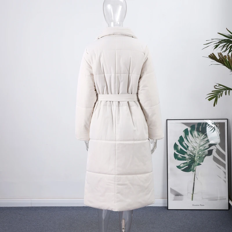 Frauen Solide Longline Puffer Mantel Schal Kragen Selbst-Krawatte Gürtel Volle Hülse Dünne Mantel 2025, Herbst Winter Weibliche Elegante outwear – Detail 4