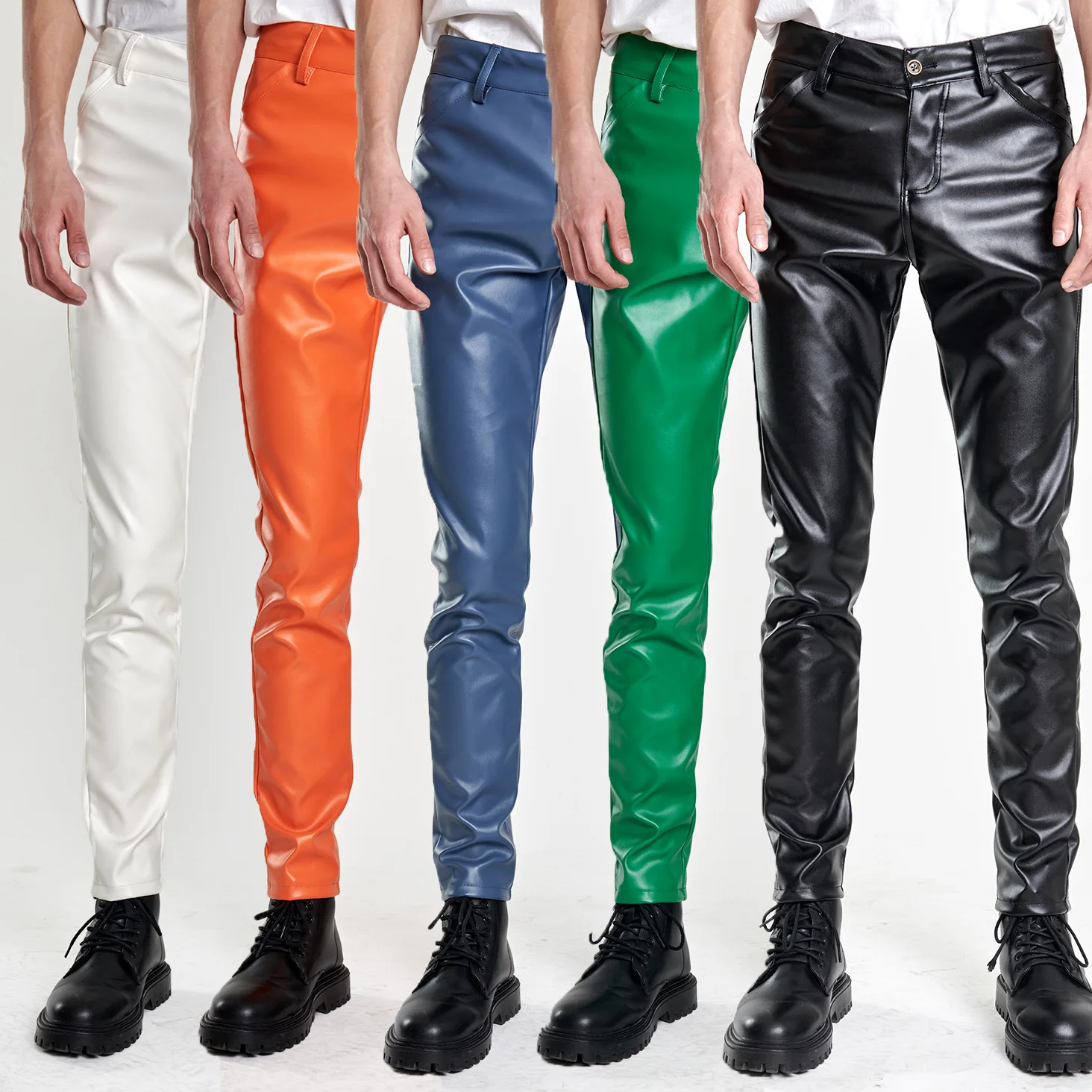 Spring and Summer Thin Youth Leather Pants for Men Stretch Slim Fit Popular Green Bar Orange Breathable Mens Leather Pants men trousers leather pants skinny pants