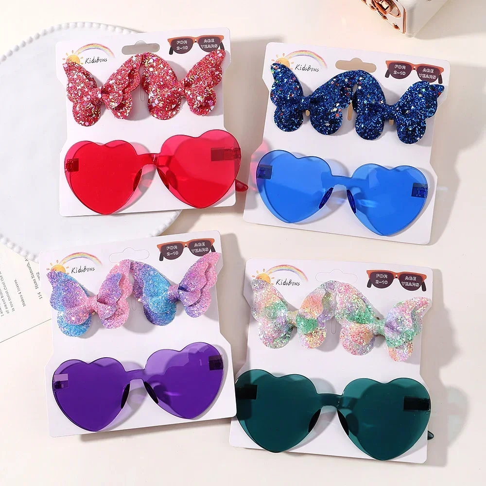 

3Pcs/Set Sparkling Butterfly Hair Clip Hair Accessories Glasses Combination Fashion Wave Point Kids Hairgripes Love Glasses Sets