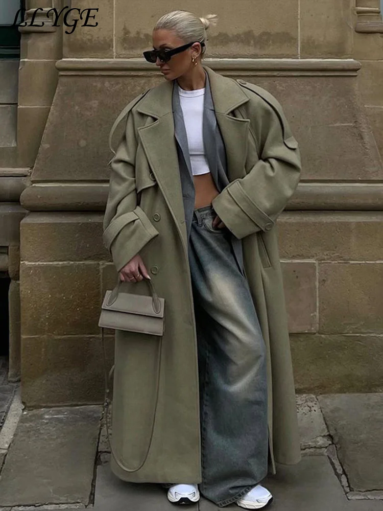 Elegant Women's Woolen Overcoat With Belt Street Lapel Double Breasted Full Sleeve Long Coat 2024 Autumn Lady Loose Outwear New 2