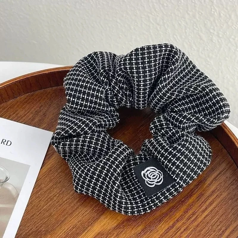 Elegant Camellia Plaid Hair Scrunchie - Retro French Style Accessory
