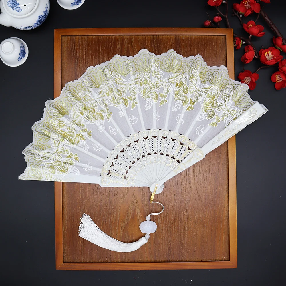 Retro Folding Fan Lace Butterfly Pattern Chinese Fan Wedding Party Dance Performance Props Crafts Gifts Home Decor New
