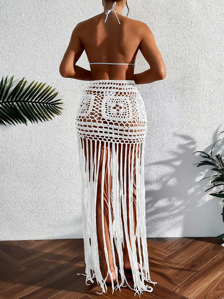 Crochet Tassel Bikini Cover Up Dress Beach Wear Women Tie Up Bather Bathing Suit Tassel Long Skirt Swimsuit Cover Up Beach Dress