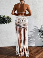 Crochet Tassel Bikini Cover Up Dress Beach Wear Women Tie Up Bather Bathing Suit Tassel Long Skirt Swimsuit Cover Up Beach Dress - Image 2