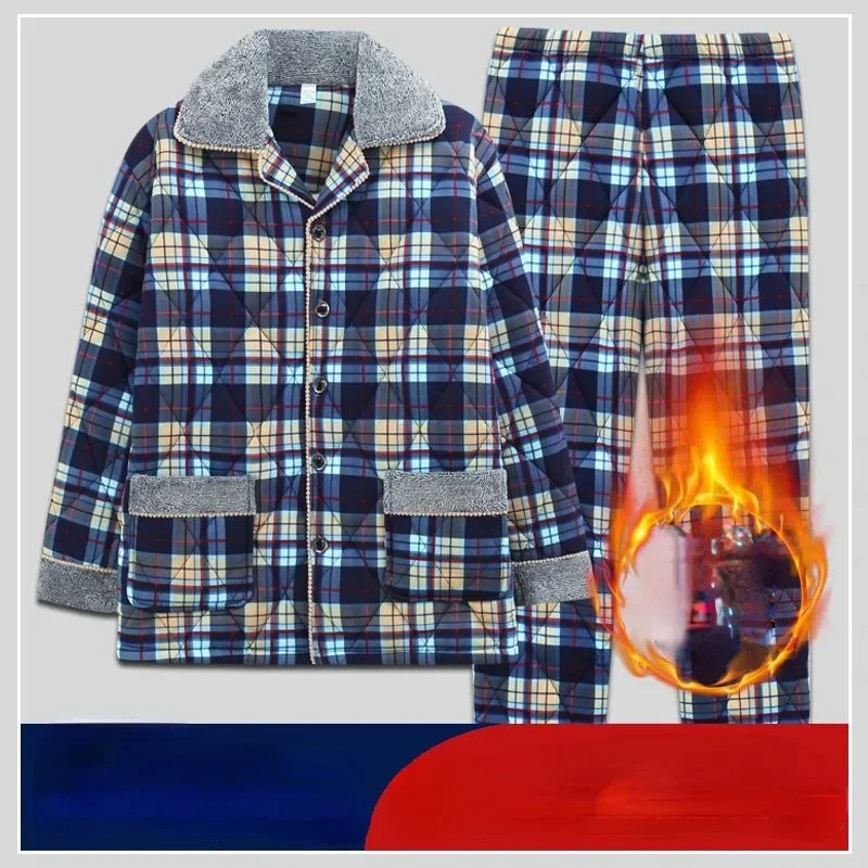 2024 New 100% Cotton Three-layer Padded Pajama Men Winter Cotton-padded Loungewear Large Size Sleepwear V-neck Warm Homewear