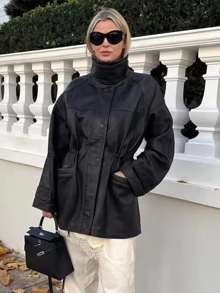 Street Pu Leather Women Jacket Y2k Black Long Sleeve Zippers Pocket Stand Collar Female Coat 2026 Spring Autumn Lady New Outwear