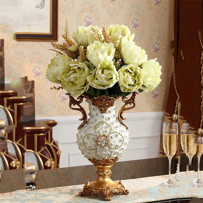 

European Diamond Luxury Resin Vase Decoration Retro Ancient Palace Crafts Livingroom Furniture Ornaments Flower Arrangement Art