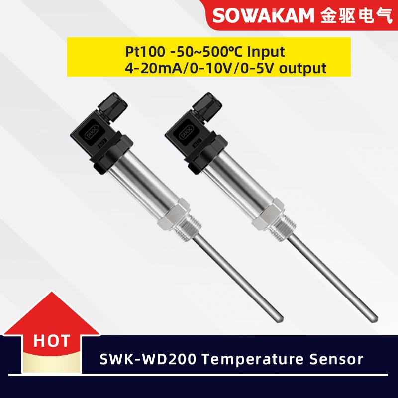 

SWK-WD200 Plug-in Integrated Temperature Transmitter PT100 Thermal Resistance 4-20mA Output Sensor 50x6mm Plunger Probe