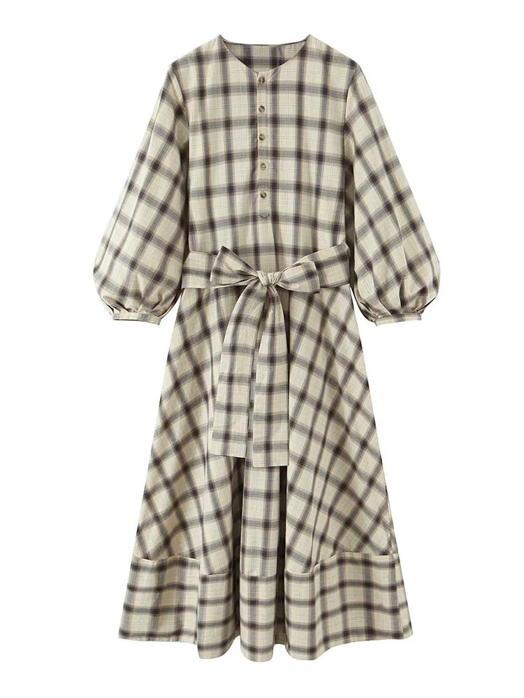 2025 New Women Fashion  Dress Women Plaid printed Long Dresses With Belt Chic Dresses Women Summer Dress