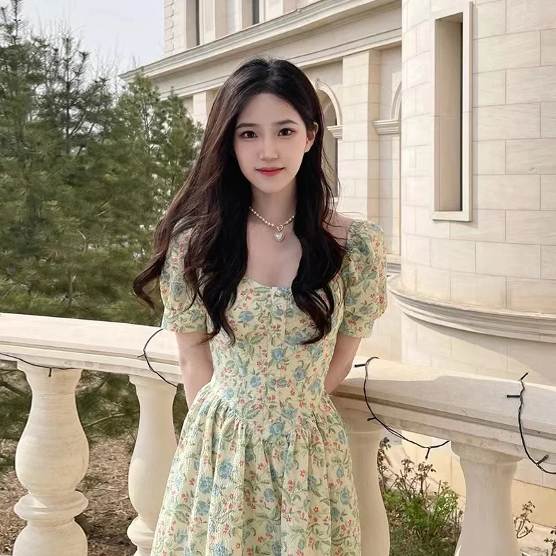 

Woman Summer Dress Puff Sleeve Floral Print A-line Dresses High Waist Chic Fashion Square Collar Elegant Dress Mid Length Skirt