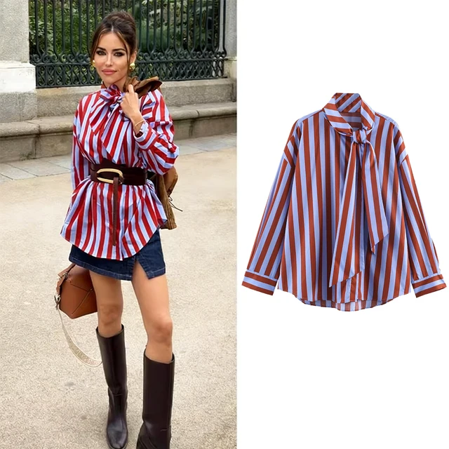 Nouvelle Blouse Chic pour Femme, Style Festival de Musique, Coupe Ample, Rayée, avec Nœud, Simple Boutonnage, Décontractée 1