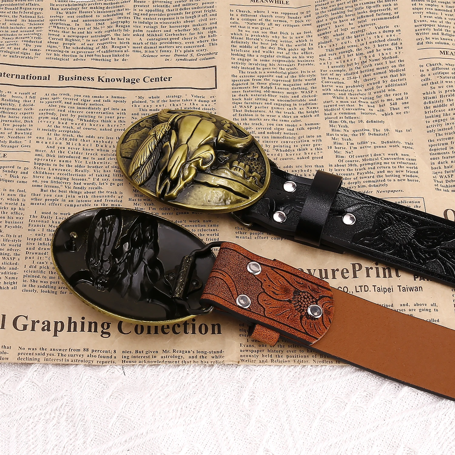 Classic retro Cow Head Belt Cowboy Essential Engraving Embossed Texture Three-dimensional Buckle Head plaid and Durable