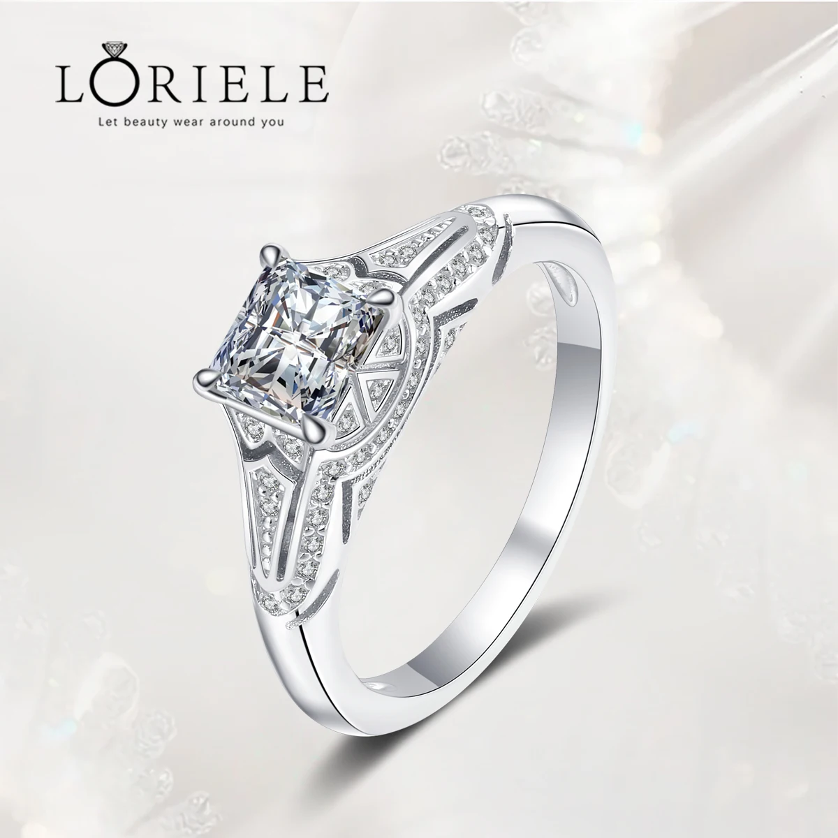 

LORIELE 2CT Princess Cut Moissanite Engagement Ring Diamond Solitaire Ring with Accents for Women Silver Banquet Party Jewelry