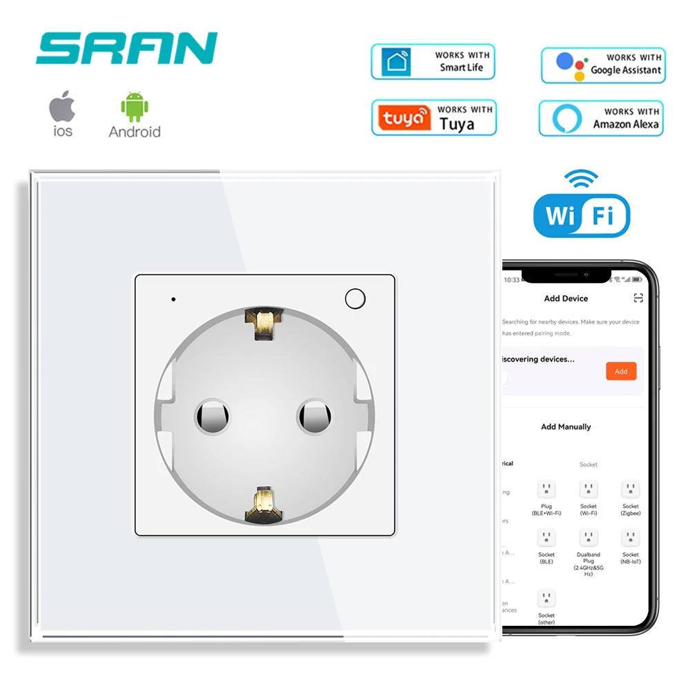 SRAN Wifi สมาร์ทซ็อกเก็ต EU 220V, แผงกระจกนิรภัย Wall Outlet พร้อมตัวบ่งชี้ Tuya App ควบคุม Google Home Alexa 1