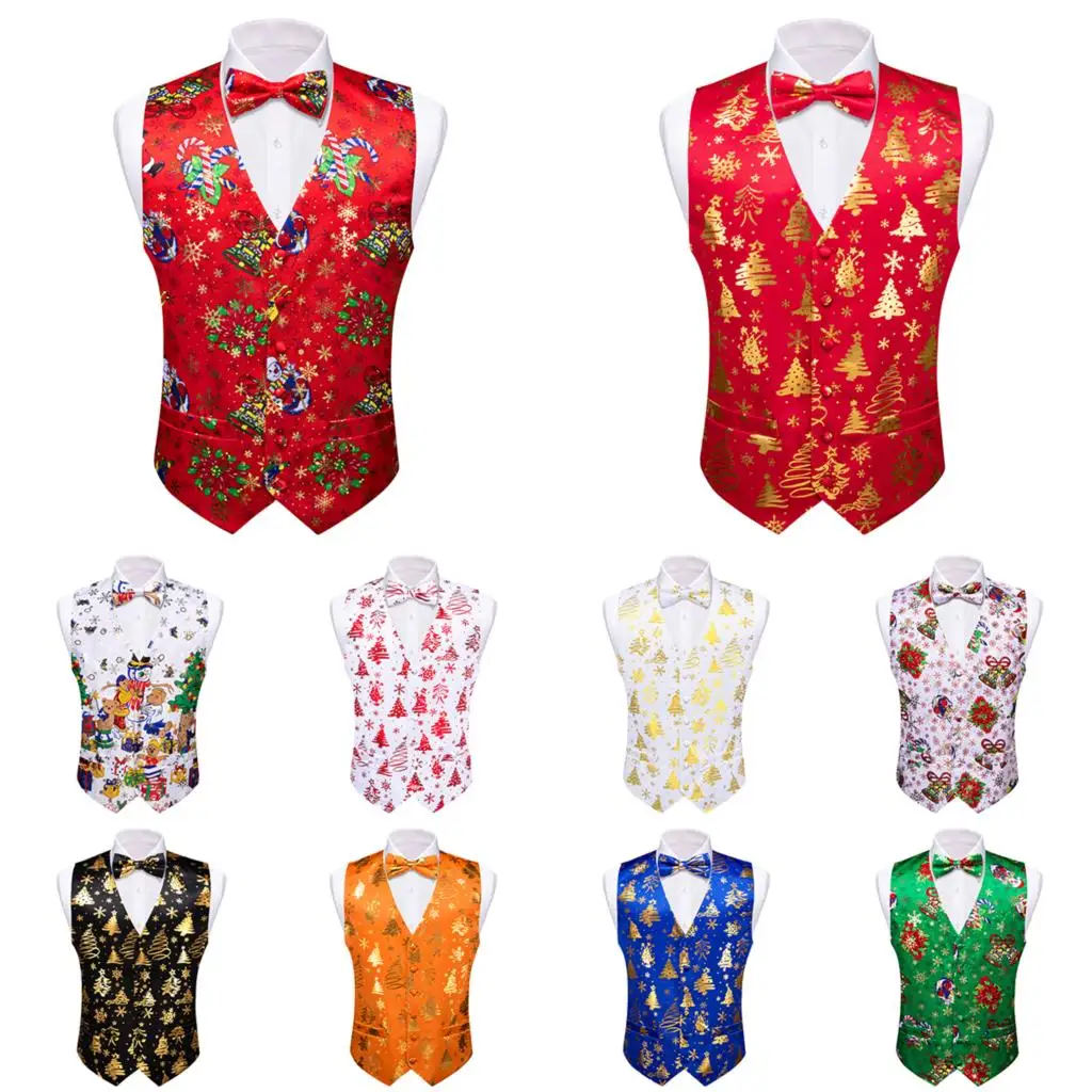 

Christmas Mens Vest Silk White Red Blue Green Gold Snowflake Gift XmasTrees Santa Claus Waistcoat Bowtie Set Barry Wang