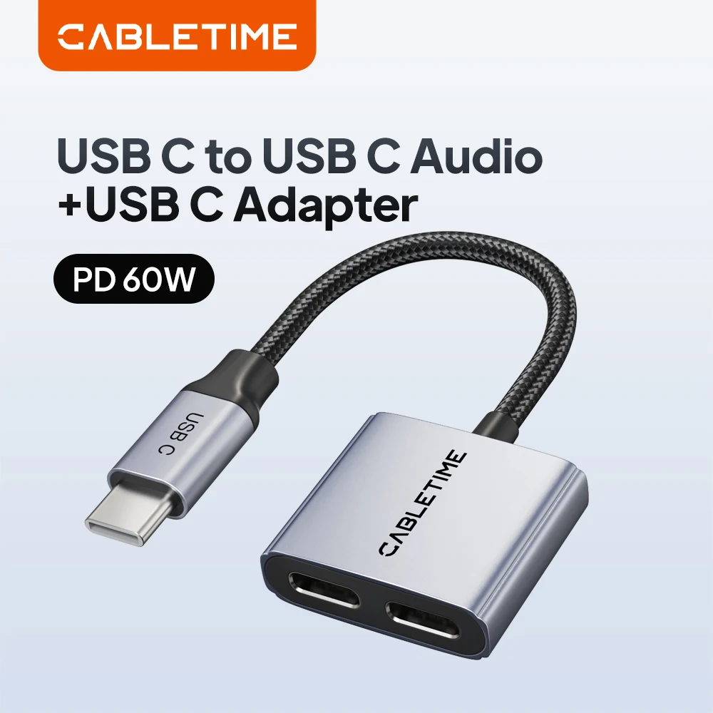 USB C to Dual USB C Headphone & Charger Adapter - 2-in-1 PD 60W Fast Charging Aluminum Adapter with Hi-Fi Audio