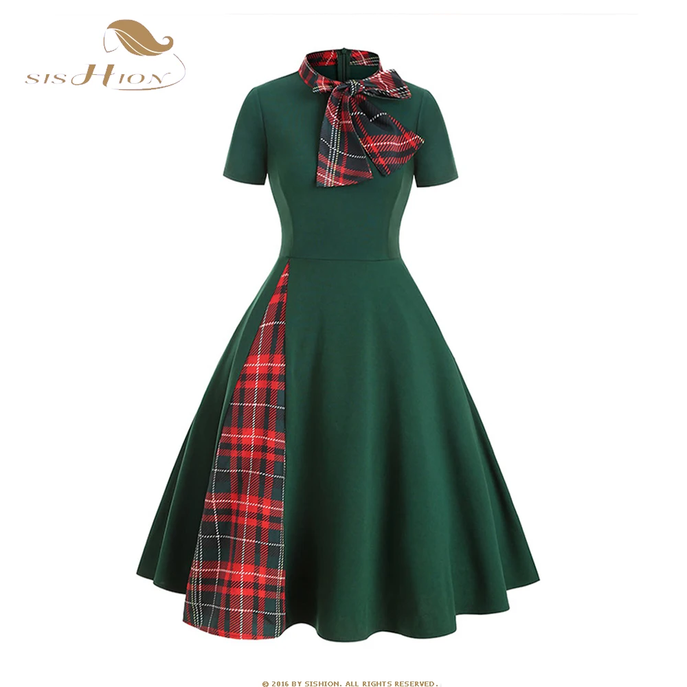 Summer Green Black Plaid Patchwork Vintage Dress For Women 2023 Retro