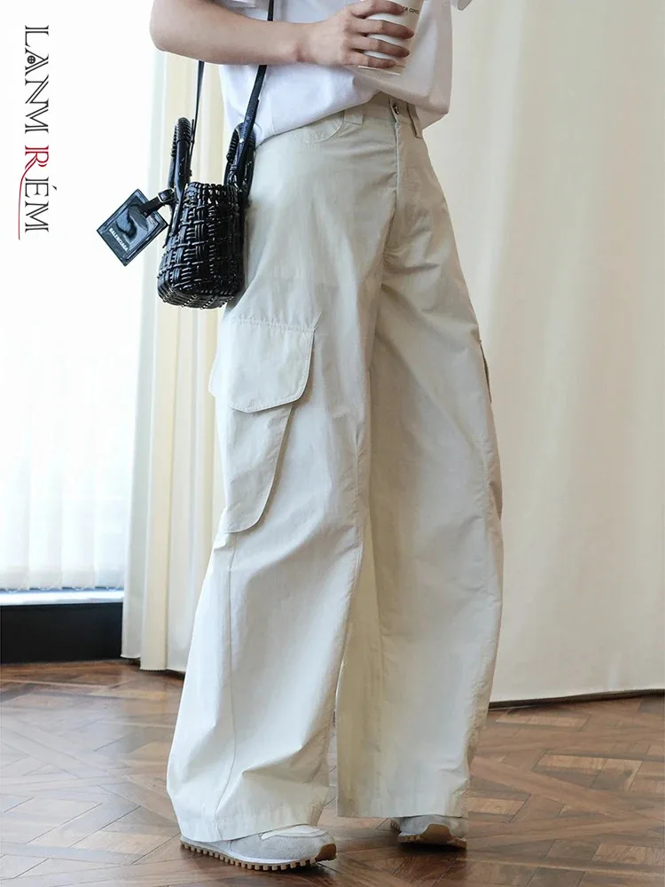 

[LANMREM] Big Pockets Design Nylon Pants For Women High Waist Wide Leg Trousers Streetwear Clothes 2024 Summer New 26D9032