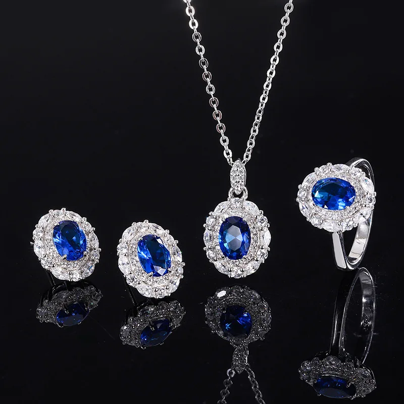 

Sparkling Cubic Zirconia Lab Created Halo Sapphire Luxury Jewelry Set S925 Sterling Silver Necklace Ring Earrings For Women Gift