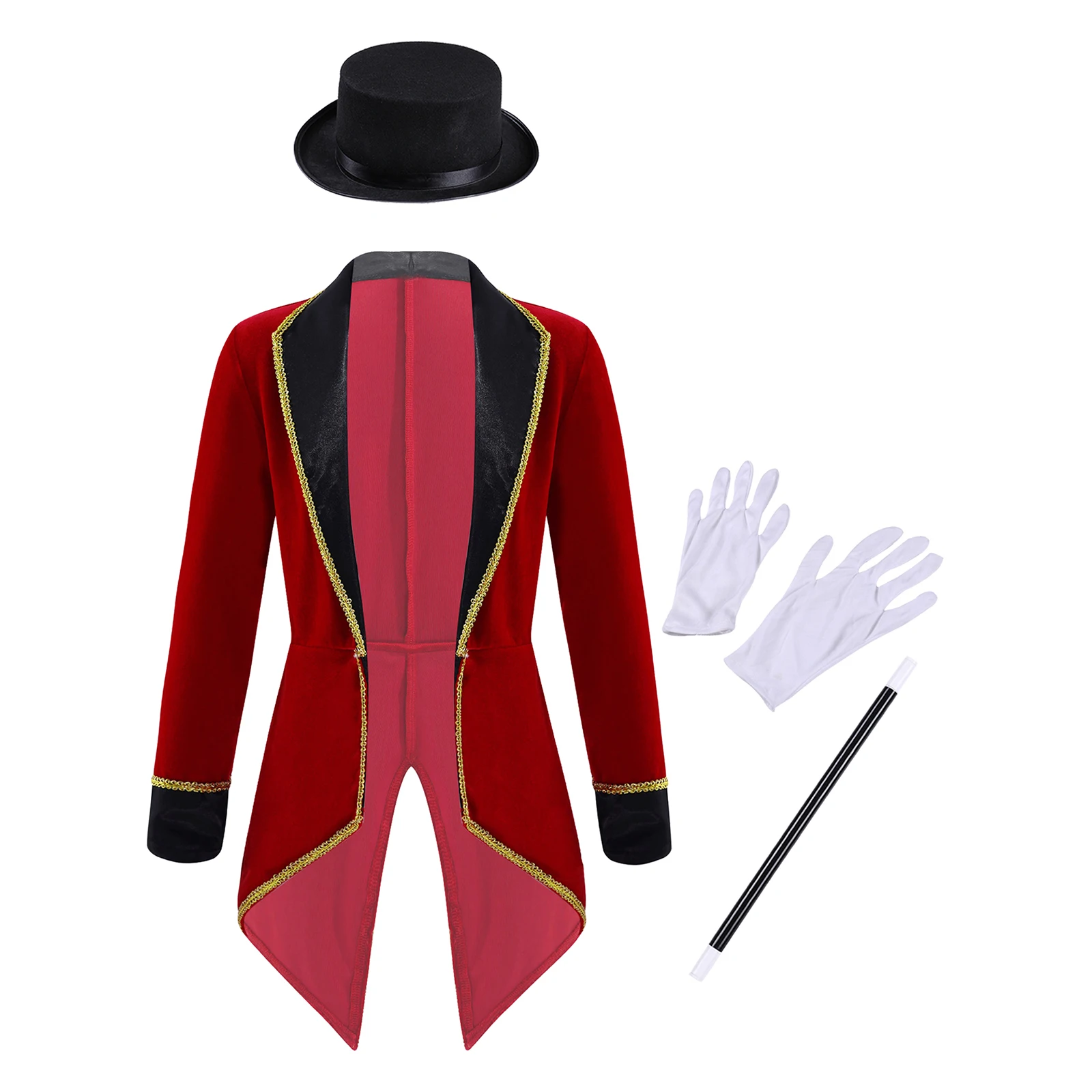 Kids Girls Halloween Circus Ringmaster Cosplay Costume Magician Showman Outfit Long Sleeve Lapel Tailcoat with Hat Magic Wand