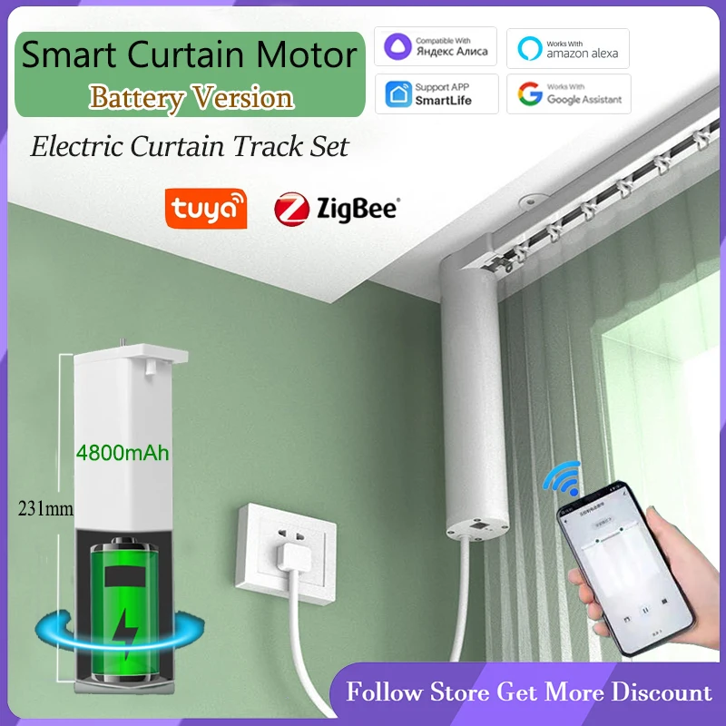 มอเตอร์ม่านอัจฉริยะ Tuya Zigbee รุ่นล่าสุด ใช้แบตเตอรี่ Li พร้อมรางม่านไฟฟ้า รองรับ Alice Alexa Google 1